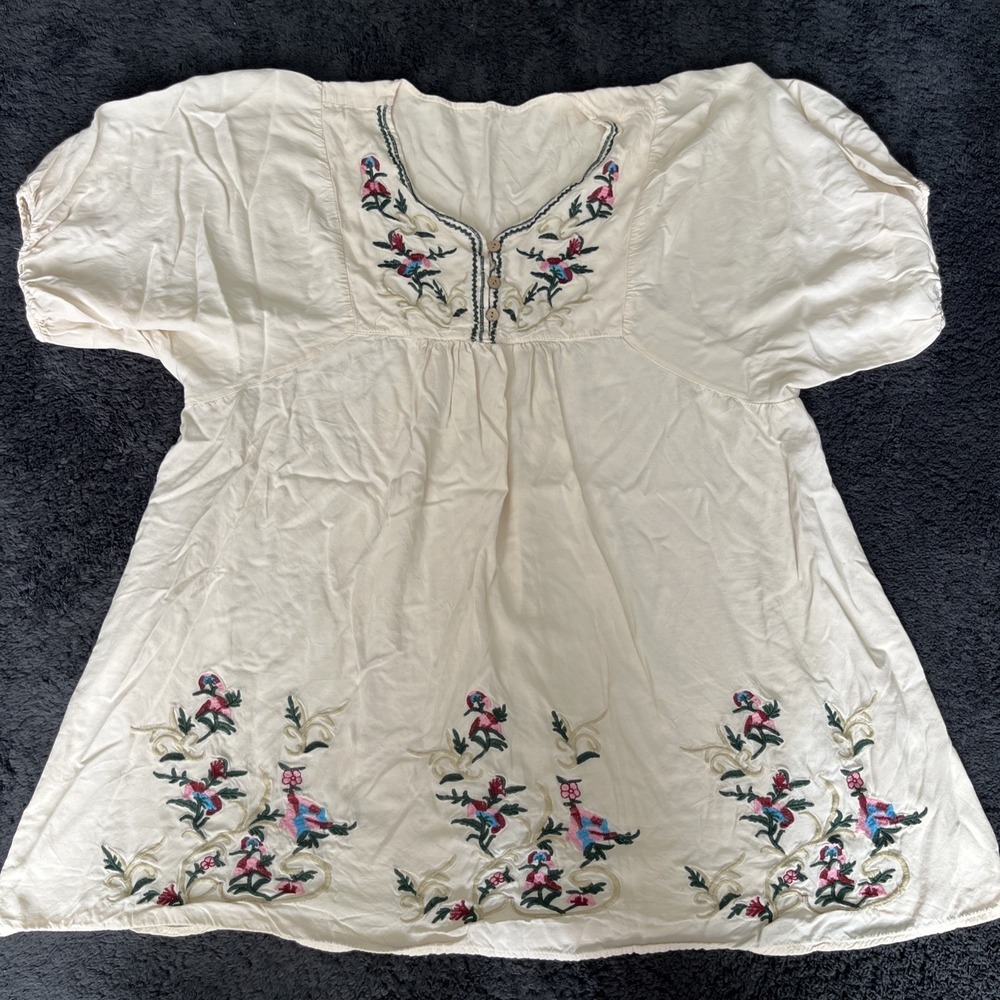 Unbranded Embroidered Tunic Top Women L Cream Floral Boho Peasant Short Sleeve